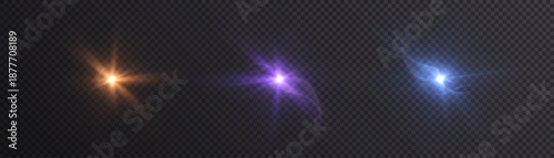 Set of three colourful lens flare stars in orange, purple and blue on a transparent background. Vector light glints for overlays, logo reveals, titles and UI highlights.