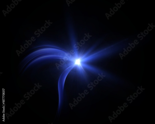 Blue starburst lens flare with curved light trails on dark background. Vector glow element for overlays, logo reveals, sci fi interfaces, and cinematic highlights.
