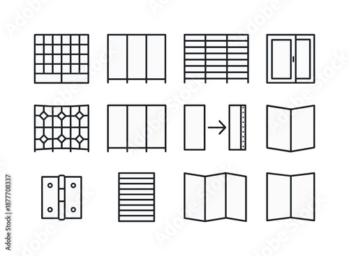 Folding Screen Icons. Folding screen. Line icon set of folding screen: shoji screen, rice-paper panel, wooden frame, sliding panel icon, geometric pattern