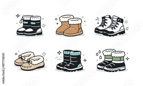 Winter Footwear Icons. Warm winter footwear icons. Editorial-style icon pack with insulated boots, fur-lined shoes and winter-ready footwear, calm and friendly