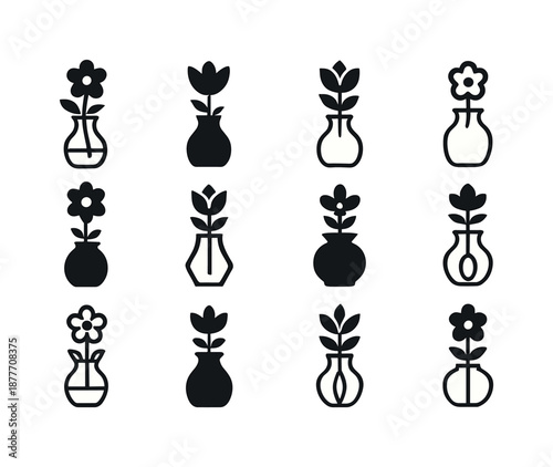 Tabletop Vase Icon Set. Tabletop flower vase. Icon set. Set Logo of tabletop flower vase: transparent glass vase. harmonious logo variations of the same