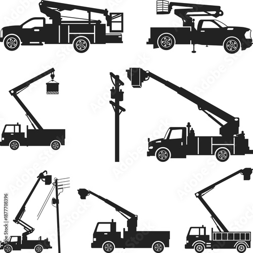 Bucket Truck Silhouette, Lineman Truck Icon SVG black isolated, Industrial Crane Truck, Vector Illustration Design Equipment