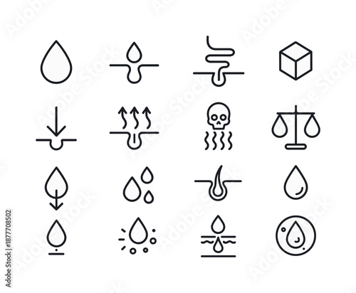 Skin Excretion Icons. Skin excretion. Line icon set of Skin excretion: sweat droplet, sweat pore, sweat gland coil, salt crystal icon, waste removal arrow,
