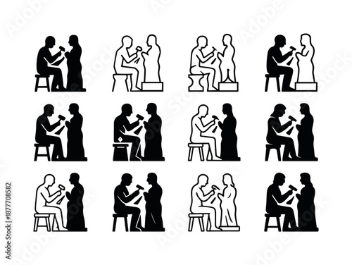 Sculptor Logo Variations. Sculptors shaping their creations. Icon set. Set Logo of Sculptors shaping their creations: sculptor working on marble statue.