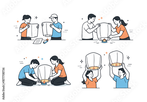 Lantern Lighting Preparation. People lighting lanterns preparation. Individuals checking lanterns and lighting them step by step. Thoughtful preparation and