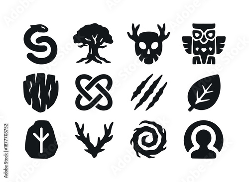 Forest Guardian Icons. Forest guardians. Solid icon set of Forest guardians: serpent emblem, ancient tree symbol, forest spirit mask, guardian totem, bark