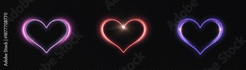 Bright, glowing heart outlines isolated on a dark background. A romantic vector symbol for Valentine's Day graphics, stickers, design overlays, and illustrations.