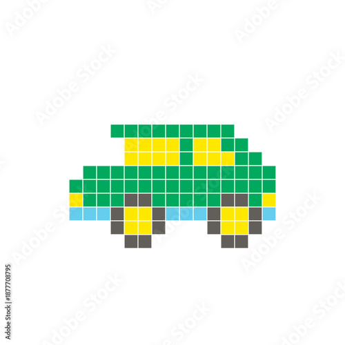 A flat pixel design made of geometric square color blocks on a clean icon layout. Pixel art car
