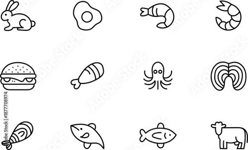 Hand drawn food and animal doodle icons set with burgers seafood farm animals and snacks outline style