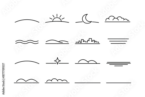 Horizon Icon Set. Horizon scenes. Line icon set of Horizon scenes: curved horizon, sun crest, moon crest, cloud stripe, wave horizon, land horizon, skyline