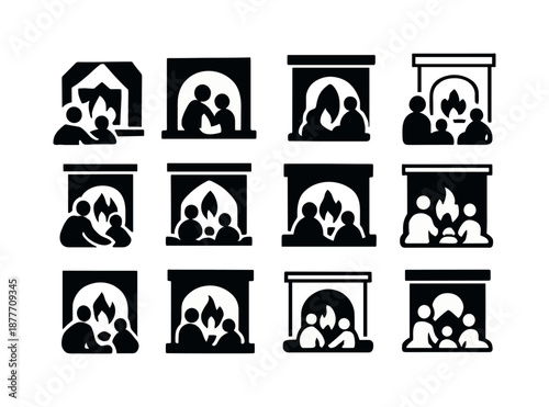 Cozy Fireplace Icons. People enjoying a warm fire in the fireplace. Icon set. Set Logo of people enjoying a warm fire in the fireplace: family by firelight.