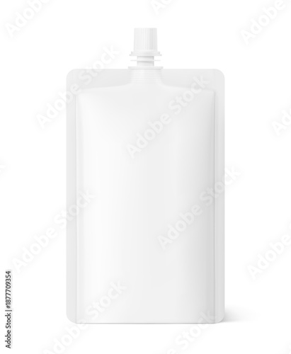 Spout pouch packaging bag mockup. Vector illustration isolated on white background. Front view. Can be use for template your design, presentation, promo, ad. EPS10.
