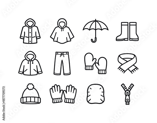 Rainy Gear Icons. Rainy outfits. Line icon set of Rainy outfits: raincoat, poncho, umbrella, boots, hooded jacket, waterproof pants, mittens, scarf, hat, rain