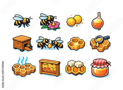 Bee Honey Process Icons. How bees make honey. Colorful isometric vector icons set of how bees make honey: worker bee, nectar collection, flower pollen, honey