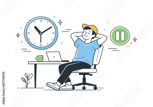Balanced Work Break. Healthy work rhythm. A worker taking a short break between tasks. Sustainable productivity and balance, clock and pause icons gently