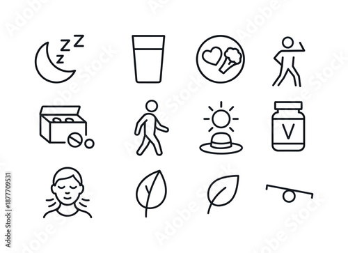 Healthy Aging Icons. Healthy aging habits. Line icon set of Healthy aging habits: sleep symbol, water glass, heart-friendly meal, medication box, daily walk,