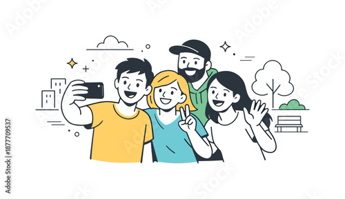 Group Selfie Outdoors. Group selfie outdoors. People taking a selfie in a simple urban or park setting. Fresh atmosphere, spontaneity and shared experience.
