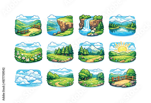 Colorful Scenic Icons. Scenic views. Colorful isometric vector icons set of scenic views: valley overlook, cliff edge, waterfall, lake reflection, flower