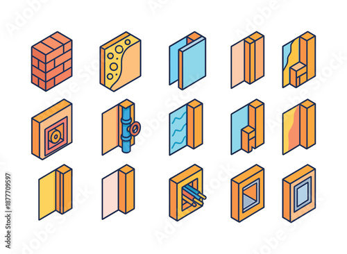 Wall Cross-Section Icons. Wall cross-section. Colorful isometric vector icons set of wall cross-section: brick layer, insulation fill, inner drywall, exterior