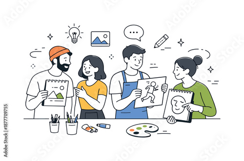 Collaborative Art Workshop. Art workshop collaboration. People exchanging ideas and showing sketches to each other, friendly interaction and open