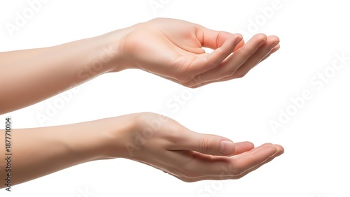Two human hands with palms facing upwards isolated on white background