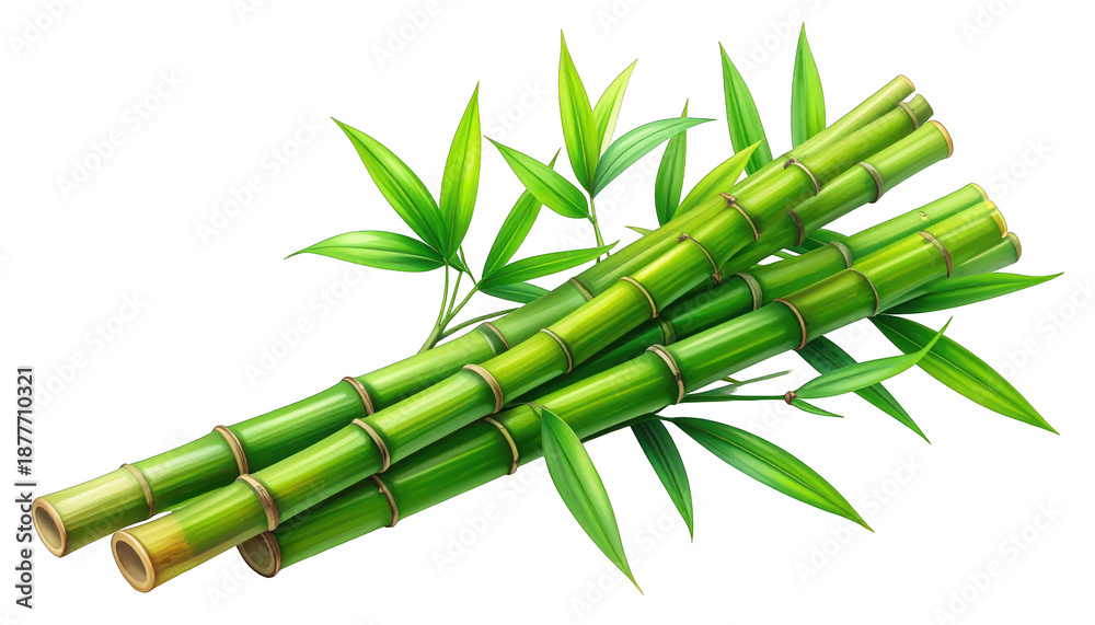 Fototapeta premium Illustration of a stack of fresh, vibrant green bamboo stalks with leaves
