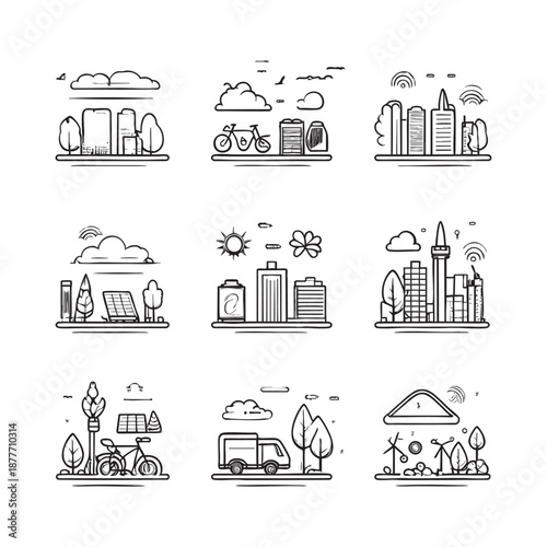Urban Eco Cityscape Doodles: Parks, Skyscrapers, Bikes, Sun, Clouds, and Sustainable Living in Cities