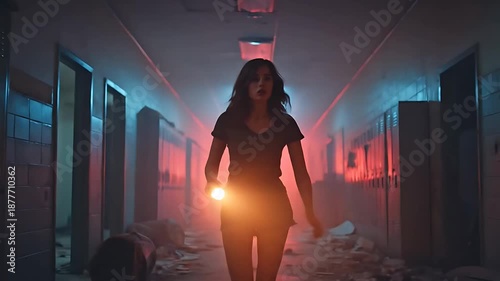 Young lady walking through a dark empty school corridor, stranger things vibe