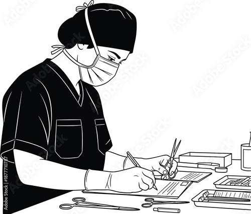 Doctor in surgical scrubs and face mask writing medical notes with surgical scissors on table, healthcare professional, surgery preparation, clinical documentation
