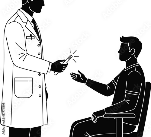 Male doctor in lab coat using otoscope to examine male patient sitting in chair, professional medical consultation and clinical physical examination.