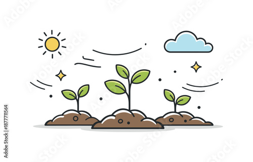 Spring Growth Illustration. Early spring renewal. Young plants emerging from the soil under soft sunlight. Feeling of fresh beginnings and calm optimism, small