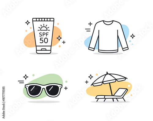 Sun Protection Essentials. Sun protection icons. Simple line icons of sunscreen, long-sleeve shirt, sunglasses, and shade, laid out in a neat grid to convey