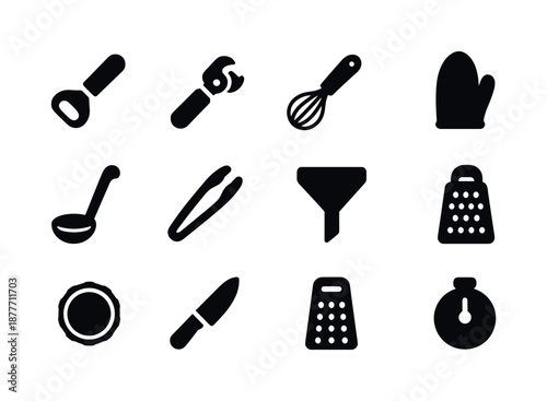 Black Kitchen Tools. Kitchen tools. Solid icon set of kitchen tools: jar opener, can opener, spatula, whisk, ladle, tongs, funnel, glove, jar lid, knife,