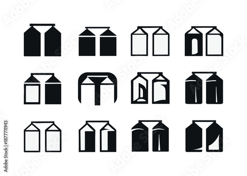Grain Silo Logos. Grain silo. Icon set. Set Logo of grain silo: modern steel silo. harmonious logo variations of the same emblematic concept, each with