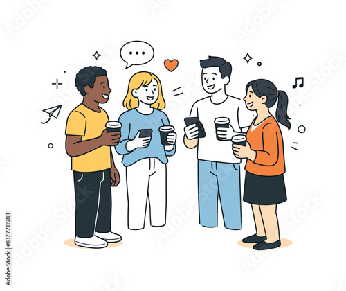 Casual Coffee Chat. Friends hanging out conversation. Friends standing in a small circle chatting with coffee cups and phones. Easy communication and everyday