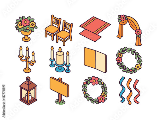 Colorful Ceremony Icons. Ceremony decor. Colorful isometric vector icons set of ceremony decor: altar flowers, ceremony chairs, aisle runner, arch drape,
