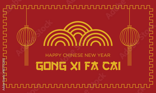 Chinese New Year Gong Xi Fa Cai Red Background with Lantern and Cloud Pattern