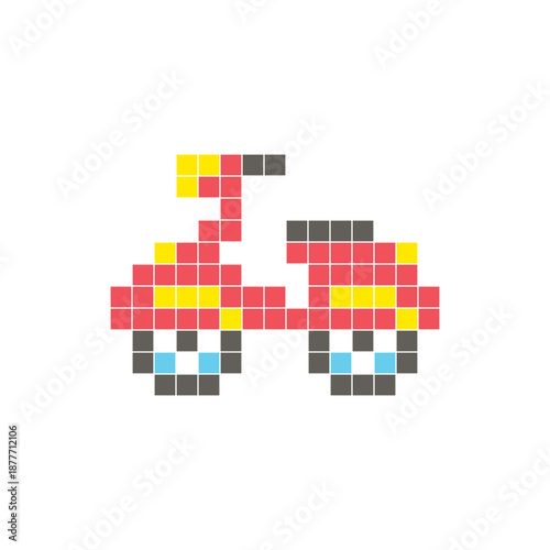 A flat pixel design made of geometric square color blocks on a clean icon layout. Pixel art scooter