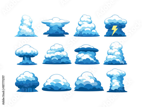 Cumulonimbus Cloud Icons. Cumulonimbus clouds. Colorful flat vector icons set of cumulonimbus clouds: tall cloud tower, anvil-top cloud, rising cloud stack,