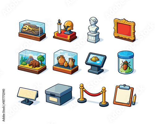Isometric Museum Exhibits. Museum exhibits. Colorful isometric vector icons set of museum exhibits: fossil display, historical artifact stand, sculpture
