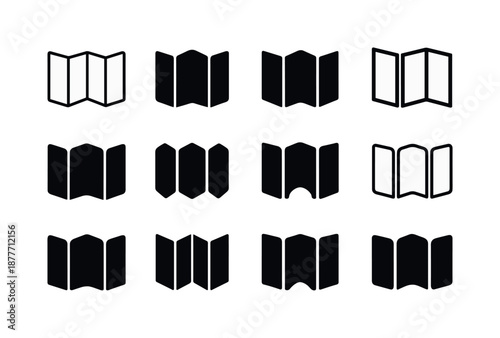 Folding Screen Logos. Folding screen. Icon set. Set Logo of folding screen: three-panel screen. harmonious logo variations of the same emblematic concept, each