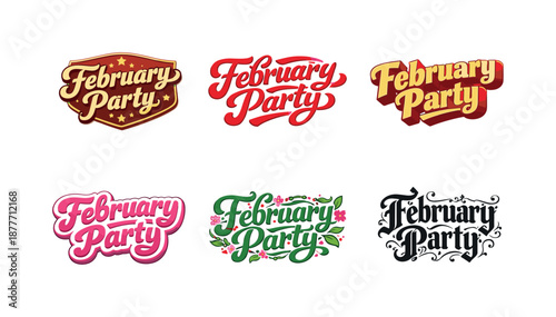 Diverse February Lettering. February party vibes. Set lettering. harmonious lettering variations of the same emblematic concept, each with different artistic