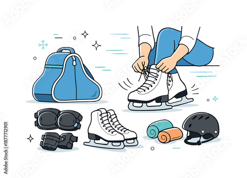 Ice Skating Essentials. Ice skating gear essentials. Skates, bag and protective pads arranged with a person tightening laces, relaxed concentration and gentle