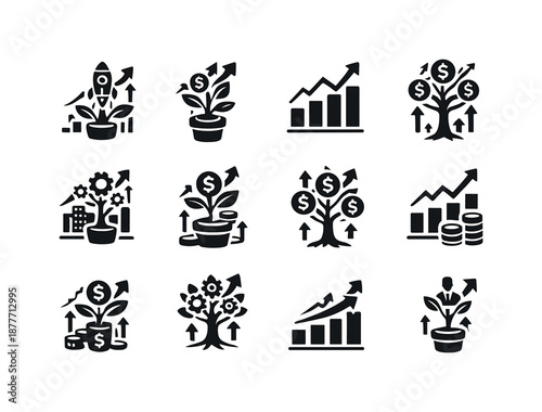 Business Growth Icons. Business growth. Solid icon set of Business growth: startup growth tree, revenue increase plant, scaling business icon, profit growth