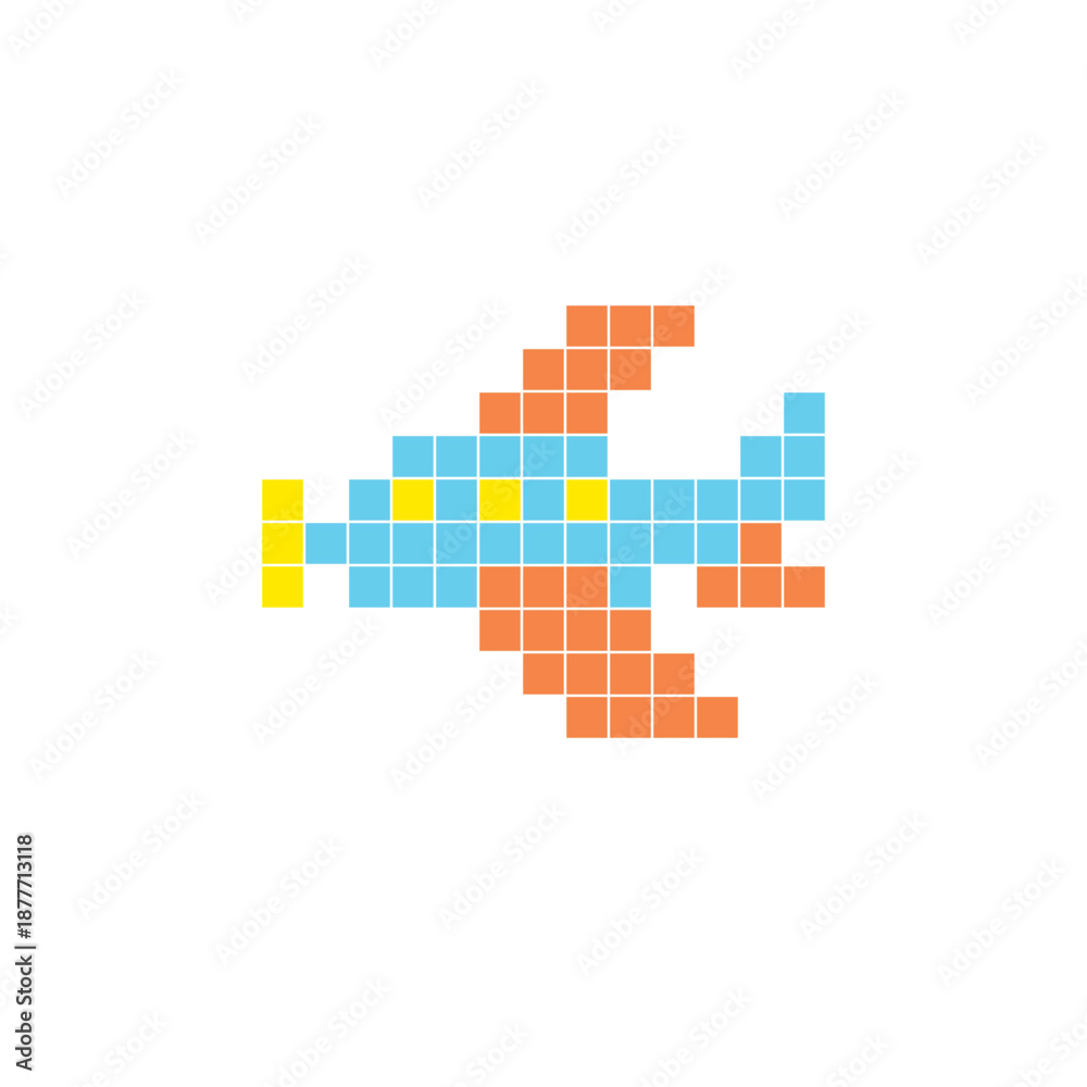 Obraz premium A flat pixel design made of geometric square color blocks on a clean icon layout. Pixel art aircraft