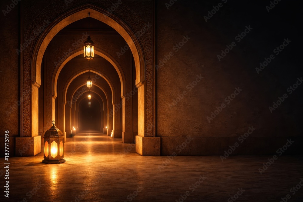 Fototapeta premium Long corridor of stone arches with glowing lanterns at night in an islamic building