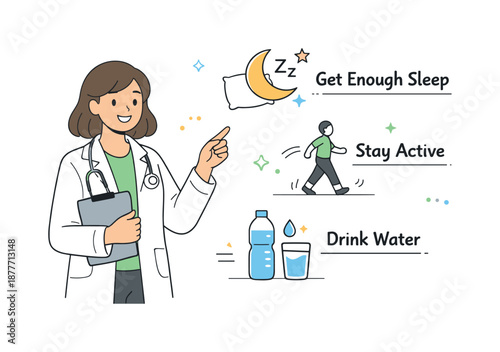 Healthy Living Guide. Healthy lifestyle guidance. A professional gently pointing to simple wellness steps like sleep, movement, and hydration. Friendly