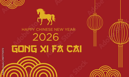 Happy Chinese New Year 2026 Gong Xi Fa Cai Red Gold Poster with Lanterns