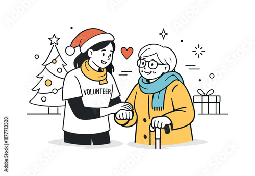 Holiday Volunteering Spirit. Volunteering during holidays helping hands. Volunteer assisting an elderly person or family with a warm gesture. Respect, empathy,