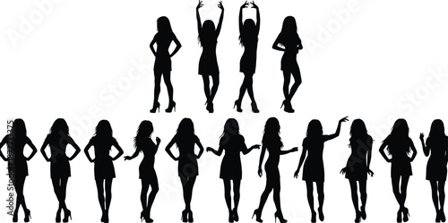 Fashion women silhouettes collection posing confidently, elegant female figures modeling stylish outfits, glamour lifestyle concept isolated on white background